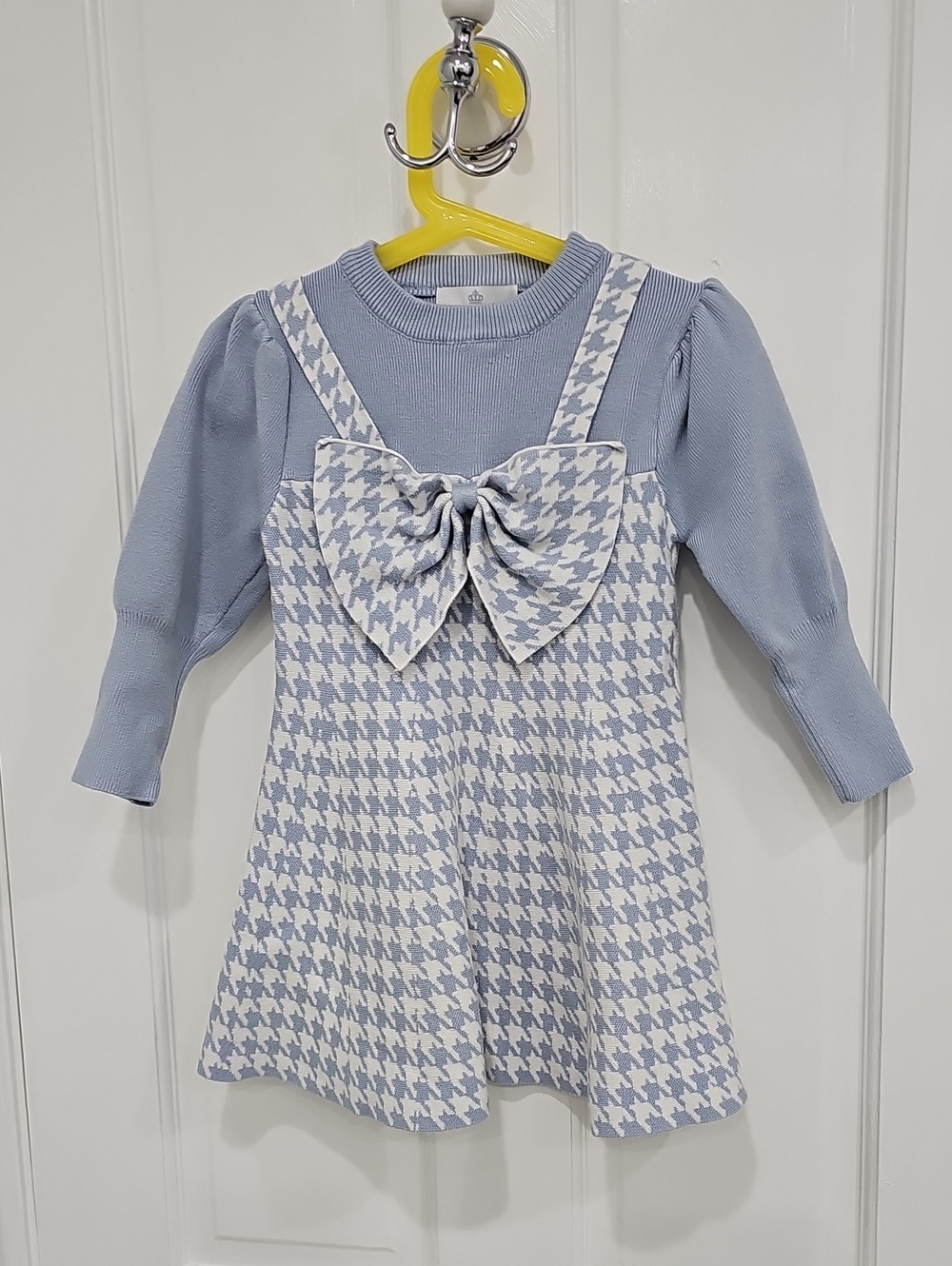 Beau Kid. Blue Houndstooth Bow Knit Dress for Girls